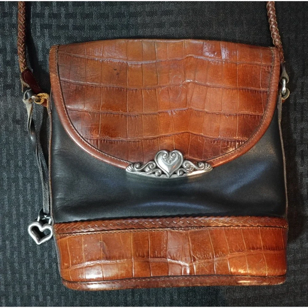 Brighton Vintage Crossbody Bag Black Brown Croc Embossed‎ Leather Heart Hardware